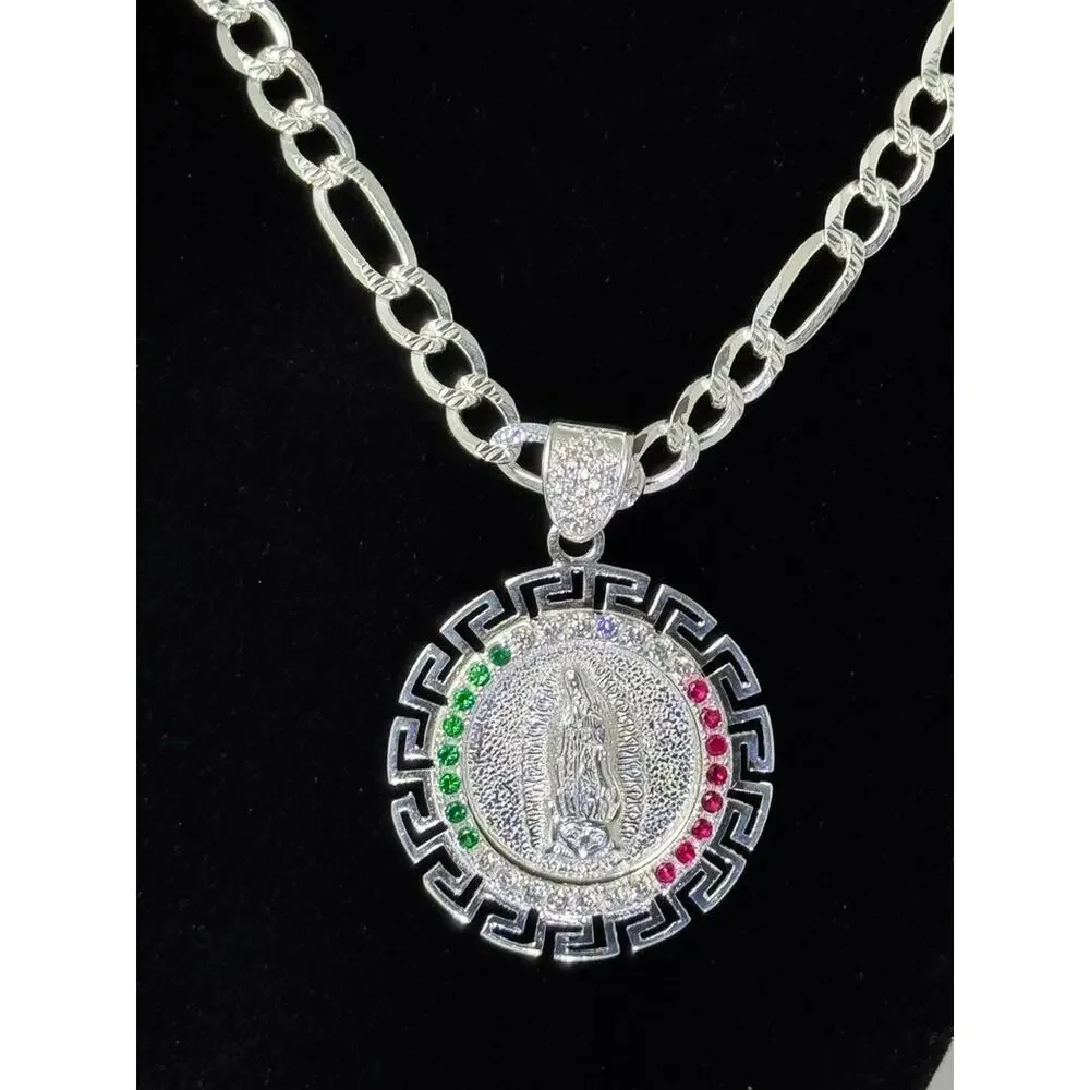 925 Sterling Silver Virgin Mary Pendant Necklace 27 Inch Figaro Chain Italy